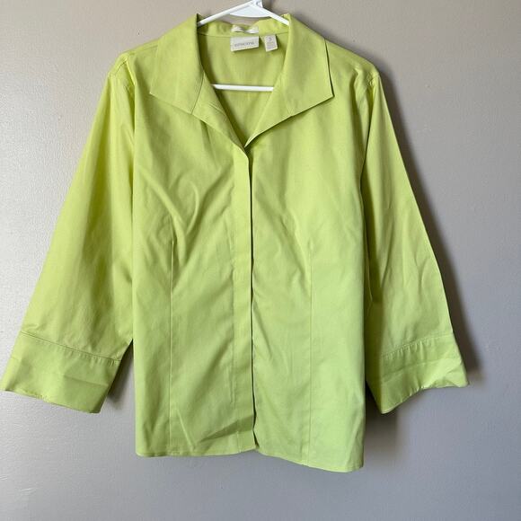 Chicos No Iron Blouse Womens LARGE Yellow Green Preppy Office Business Casual - Picture 1 of 9